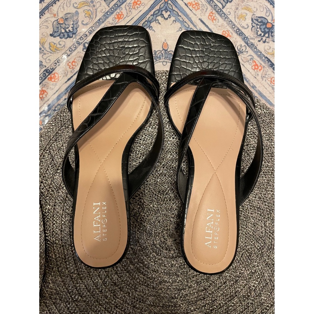 Alfani Step Flex Sarrabi Black Croc Embossed Architectural Spool Heel Sandal 9.5